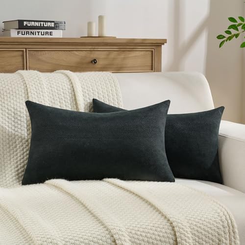 FUTEI Pack of 2 Chenille Throw Pillow Covers 12x20 Inch, Black | Elegant Herringbone Textured Design,Side Hidden Zipper,Machine Washable,Pill-Resistant,Colorfast,Insert Not Included. - color: Black, size: 20" x 12" (Pack of 2)