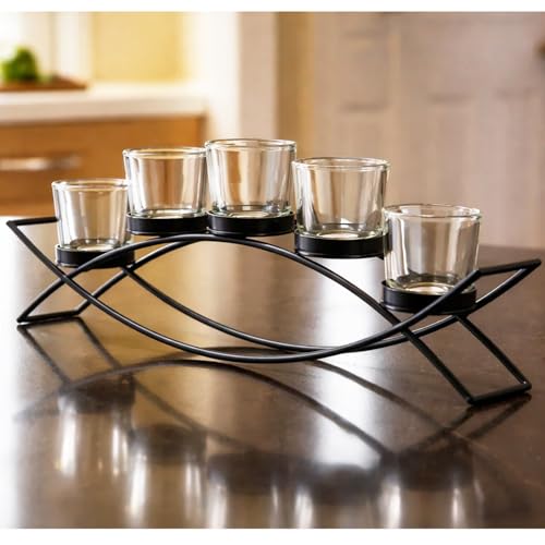 Dining Table Centerpiece Decor, Tealight Candle Holder, Clear | Votive Candle Holders, Wrought Iron 5 Cup Candelabra, Long Modern Coffee Console Decor, Black Finish, Clear Cups, 17in Long - color: Black/Clear, size: 5 Cup
