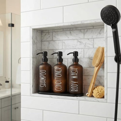 MOMEEMO Amber Shampoo and Conditioner Bottles with Tray | Shower Bottles Refillable with Labels, Hotel Shampoo and Conditioner Dispenser for Shower, Body Wash Container with Pump - color: Amber Black