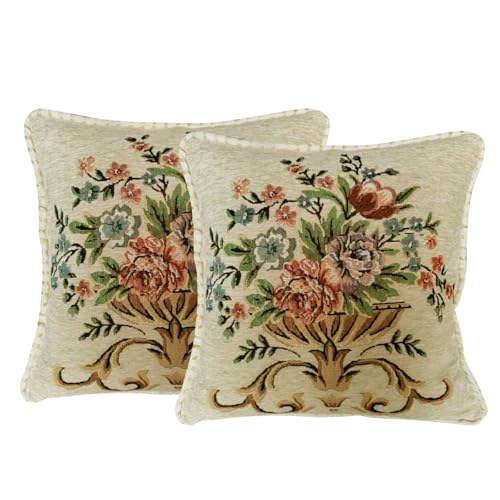 Set of 2 Beige Vintage Throw Pillows Covers 18x18in | Floral Embroidered Cushion Cover for Sofa Bedroom,Euro Sham Covers Retro Home Decor Pillows Covers - color: White