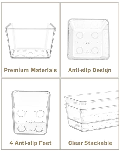 15Pcs Clear Plastic Drawer Organizers Set, 4size makeup drawer organizer trays for vanity/desk/bathroom/office/nightstand/gadgets for kitchen/desk drawer, Versatile drawer divider storage bins - size: 15 Pcs