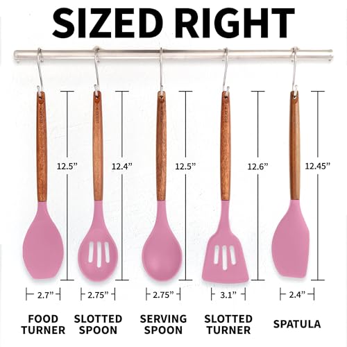 Zulay Kitchen 5 Piece Silicone Utensil Set | Non-Stick Silicone Cooking Utensils Set with Acacia Wood Handles - 464°F Heat Resistance Kitchen Utensils Set - Pink - color: Pink, size: 5-Piece Set