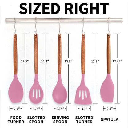 Zulay Kitchen 5 Piece Silicone Utensil Set | Non-Stick Silicone Cooking Utensils Set with Acacia Wood Handles - 464°F Heat Resistance Kitchen Utensils Set - Pink - color: Pink, size: 5-Piece Set