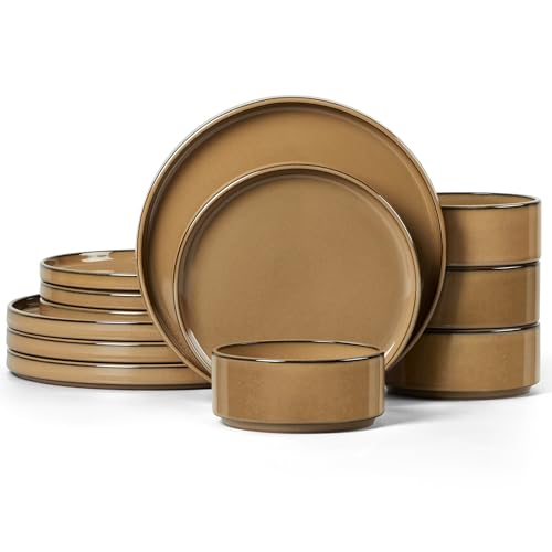 LIANYU Dinnerware Sets for 4, 12 Piece Modern Stoneware Dishes Set | Elegant Plate and Bowl, Ceramic Dining Dishware for Dinner, Rustic Terracotta Bottom, Microwave & Dishwasher Safe, Amber Gold - color: Amber Gold