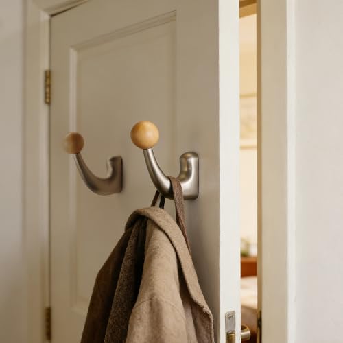 wall-Mounted Light Luxury Coat Hooks, Used for Hanging Coats, Hats, Scarves and Towels, Suitable for Entrance Halls, bathrooms and bedrooms (2, 7110Nickel Brushed Finish + Beech Wood) - color: 7110Nickel brushed finish + beech wood