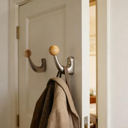 wall-Mounted Light Luxury Coat Hooks, Used for Hanging Coats, Hats, Scarves and Towels, Suitable for Entrance Halls, bathrooms and bedrooms (2, 7110Nickel Brushed Finish + Beech Wood) - color: 7110Nickel brushed finish + beech wood