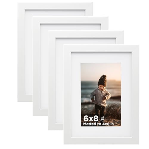 6x8 Picture Frame White Set of 4, Wooden Photo Frames Matted 4x6 with Plexiglass for 4x6 with Mat or 6x8 without Mat for Table and Wall Display - color: White, size: 6x8