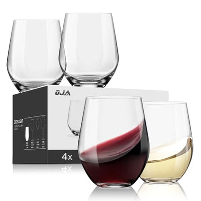 OJA Wine Glasses Set, Crystal Stemless Red Wine Glass, Set of 4, 15 oz | No Stem, Clear, Sturdy Drinking Glass for White Wine, Daily Use, Birthday, Wedding, Home Party, Anniversary, Shower Gift - style: Set of 4-15 oz