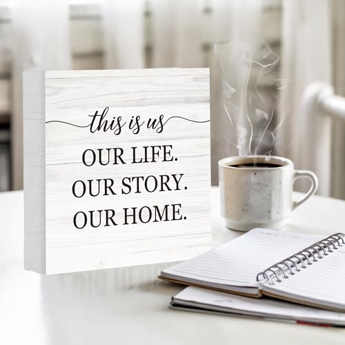 This Is Us Our Life Our Story Our Home Wooden Box Sign Decor, Family Signs for Living Room Entryway, Welcome Plaques for Desk Table Wall, Housewarming Gifts for New Home, 5x5 Inch