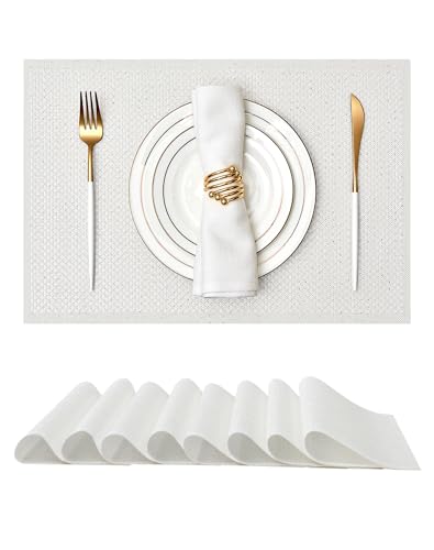 Leetaltree Woven Vinyl Placemats Set of 8, White Sequin | Waterproof & Washable Dining Table Mats for Wedding, Anniversary, Daily Use, Hand-Cut, Easy to Clean - color: 00- White Sequin, size: Set of 8