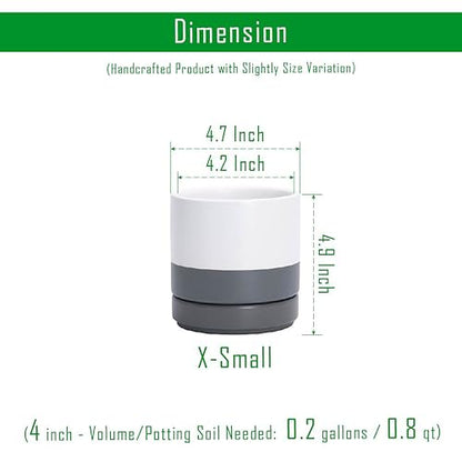 D'vine Dev 4-Pack Ceramic Pots with Saucers, White/Grey, 4.7 in, 94-X-B-6 | Glazed Ceramic, Drainage Hole and Saucer, Sleek Cylinder Shape, High Temperature Fired, Ideal for Small Houseplants - color: White/Speckled Grey, size: 4.7 Inch