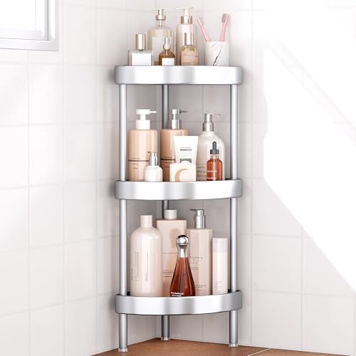 Nieifi 3 Tier Aluminum Corner Shower Caddy Standing Rustproof-Silver | Anodized aluminum shower stands,for inside shower,height-adjustable legs,for uneven surfaces - color: Silver, size: 3-Tier