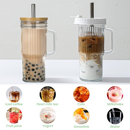 24oz Ribbed Glass Tumbler With Handle,4Pack Glass Cup with Lids and Straws,Reusable Glass Iced Coffee Cups With lids,Mason Jar Cup&Drinking Glasses for Smoothie,Shake,Juice,Soda Water,Tea,Travel