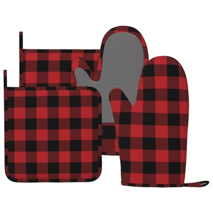 Red Black Buffalo Plaid Checker Oven Mitts and Pot Holders Set Silicone Heat Resistant Red Black Checker Kitchen Gloves Set Plaid Kitchen Mittens Pot Holders for BBQ Cooking - color: Red Black