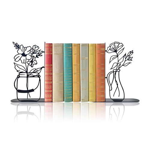 Metal Flower Book Ends, Cute Book Ends for Home Office Decor | Decorative Book Ends for Shelves, Ideal Gift for Book Lovers(Black) - color: Black