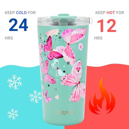 Drinco - 20 oz Stainless Steel Tumbler | Double Walled Vacuum Insulated Mug With Lid, 2 Straws, For Hot & Cold Drinks (20oz Butterfly) - color: 20oz Butterfly