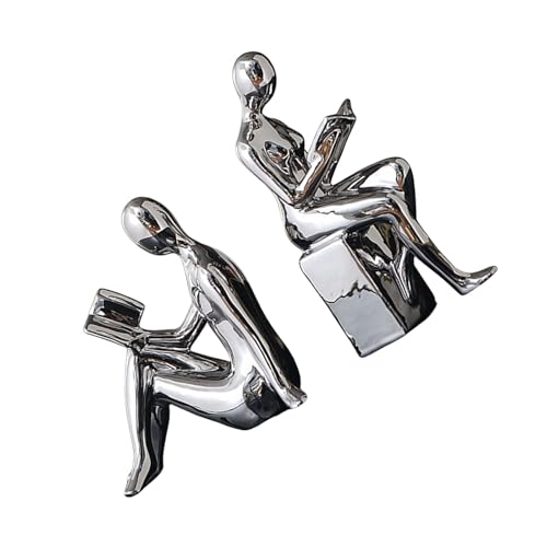 2PCS Abstract Figurine Bookends Modern Decoration for Bookshelves and Home Office Ceramic Electroplated Modern Bookshelves Decoration - color: Silver