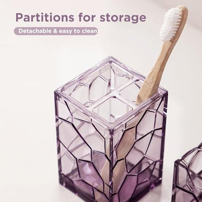 HBlife Bathroom Accessories Set, Acrylic Bathroom Counter Set of 4 | Boho acrylic bathroom decor, 4-pc: holder, soap, tumbler, dish, Easy-clean & rustproofd, Ideal housewarming gift - style: purple