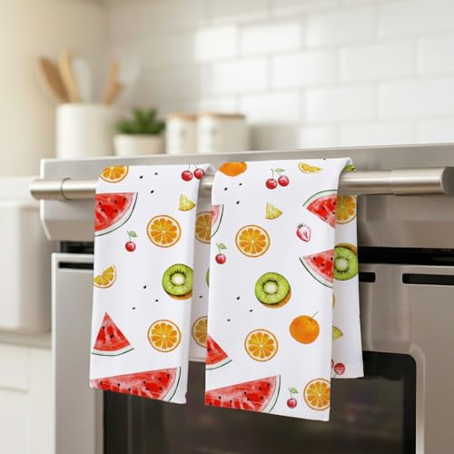 Flour Sack Kitchen Towels - Set of 2 Summer Dish Towels with Hanging Loop 16x26 Inch Absorbent Reusable Cotton Cloths for Cleaning, Cute Design Housewarming Gift - Melon Hue