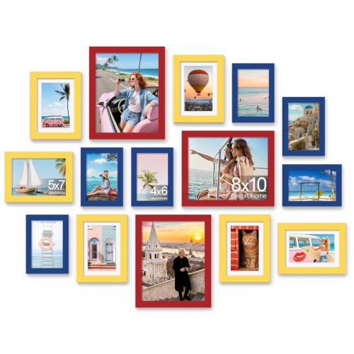 decorUhome 15 Pack Assorted Picture Frame Set for Wall & Tabletop, PF15MTH | Red / Yellow / Blue, Includes Three 8x10 / Six 5x7 / Six 4x6 Multi Size, MDF Frame with Plexiglass Cover - color: Red & Yellow & Blue