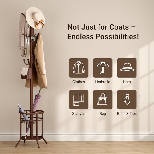 ELYKEN Coat Rack Freestanding, Metal Coat Rack with Umbrella Holder | 12 Hooks, Round Base, Heavy Duty Floor Standing Coat Tree for Entryway, Hallway, Living Room, Bedroom, Office, Brown - color: Brown