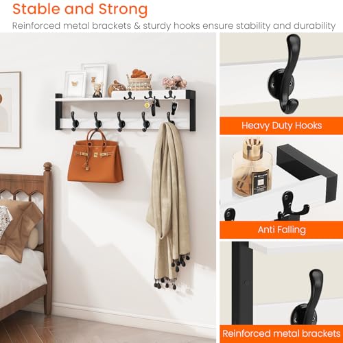 Coat Rack Wall Mount, 29" Floating Shelf with Key and Mail Holder | Wooden Entryway Hanging Shelf with Hooks and Storage for Hat Towel Jacket Purse Backpack Dog Leash, White