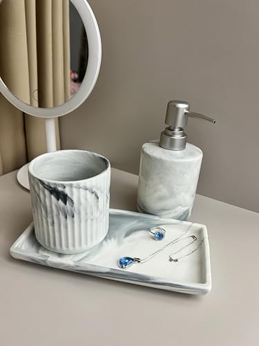 350ML Bathroom Soap Dispenser Set，Marble 3-Piece Countertop Organizer | Marble ceramic is suitable for soap storage on the washstand, liquid detergent on the sink, and lotion bottle on the dresser - color: Grey Ink Wash