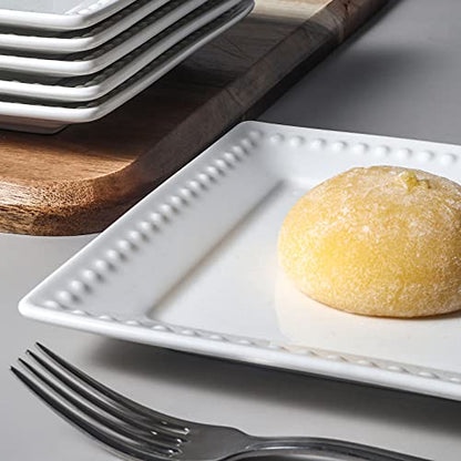 Embossed Ceramic Appetizer & Dessert Plates - Set of 6, 6 inch White Square Dinner Plates for Snack & Restaurant, Dishwasher & Microwave Safe - color: 6 inch-White- Dot-6pcs