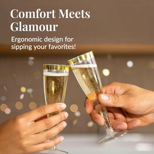 Prestee 48 Disposable Plastic Champagne Flutes With Gold Rim Glitter - Clear Toasting Glasses for Mimosa, New Year’s Eve Party, and Elegant Celebrations - Premium Quality Disposable Stemware - color: Gold Rimmed, size: 48 Count (Pack of 1)