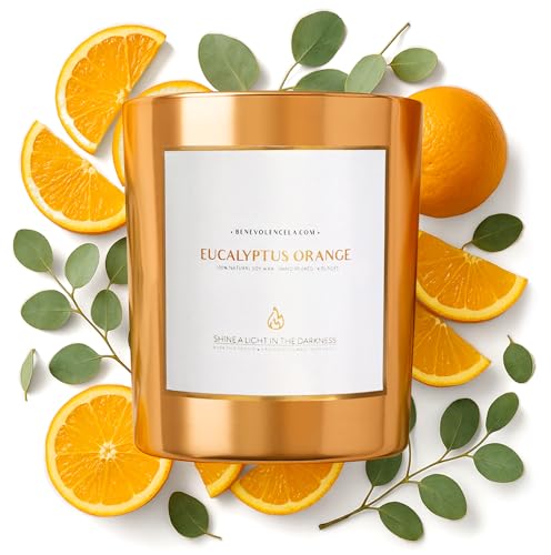 Benevolence LA Premium Eucalyptus Orange Scented Candle – Long-Lasting, 45-Hour Burn – Luxury Natural Soy Wood Wick Candle for Home – Aromatherapy & Room Decor – 8oz - size: 8 oz - 1 wick