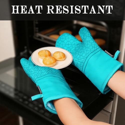 Oven Mitts and Pot Holders Sets 6pcs, Kitchen Oven Glove,High Heat Resistant 550 Degree Extra Long Oven Mitts and Potholders with Non-Slip Silicone Surface for Home Essentials (Grey) (Ice Blue) - color: Ice Blue