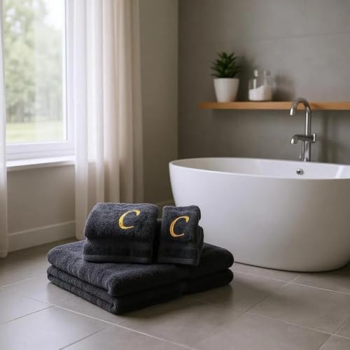 Monogrammed Bath, Hand, Washcloth Cotton Towel Set, Personalized Gift 3Pc-C - color: Black & Gold, size: Initial C