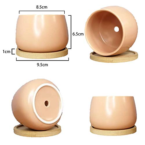 Assorted Blue Pink Yellow Round Ceramic Succulent Pots 3" Planters with Drainage | Bamboo Tray | 3 Pack - color: Pink Blue Yellow Round 3"