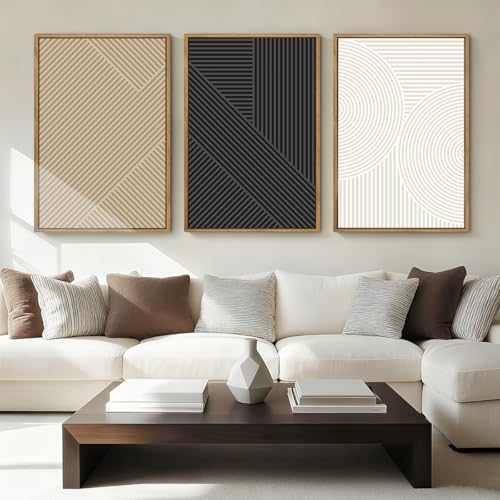 Anyzal Large Framed Black Abstract Wall Art 16x24 Inch Boho Modern Canvas Wall Decor Neutral Minimalist Line Artwork for Living Room Bedroom Dining Room Set of 3 - color: Neutral Line, size: 24"L x 16"W