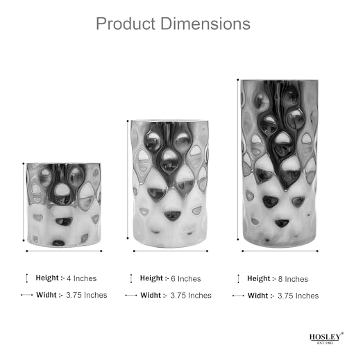 Hosley Silver Color Pillar LED Candle Holders/Vases Set of 3. Also usable as Vase. Ideal Gift for Wedding Party Home SPA Aromatherapy Reiki Candle Garden O3 - size: 3 Count (4" High, 6" High, 8" High)