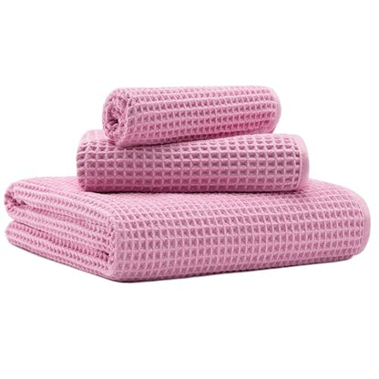 MICROFI Microfiber Waffle Bath Towels, 3 Pieces, Oversized, Soft, Absorbent, Fast Drying, Lint Free, Includes Bath, Face and Hand Towels 430 GSM - color: Pink