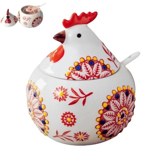Ceramic Salt Cellar with Lid and Spoon | 13.5OZ Large Chicken Salt Container | Salt and Pepper Containers for Countertop | Sugar Bowl Salt Holder Candy Jar Box for Counter Home Chicken Decor (Red) - color: Red