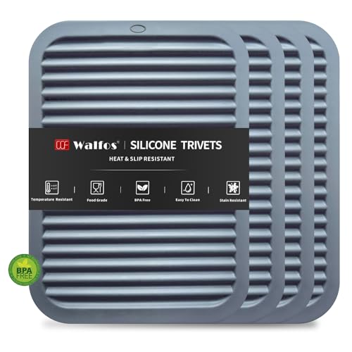 Walfos Silicone Trivets for Hot Pots and Pans - Heat Resistant Hot Pads for Kitchen Counter- 4 Pcs Multi-Purpose & Versatile Trivet Mat - Long-Lasting & Flexible Silicone Hot Pad（Gray） - style: 9x12in, 4 Gray Rectangle