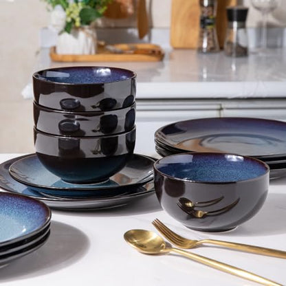 LERATIO Ceramic Dinnerware Sets for 4,Stoneware Coupe Plates and Bowls Sets,Highly Chip and Crack Resistant | Dishwasher & Microwave & Oven Safe Dishes set,Reactive Glaze Dinnerware- Service for 4 | Handmade Reactive Glaze Ceramic Dishes Set,Oven & Microw