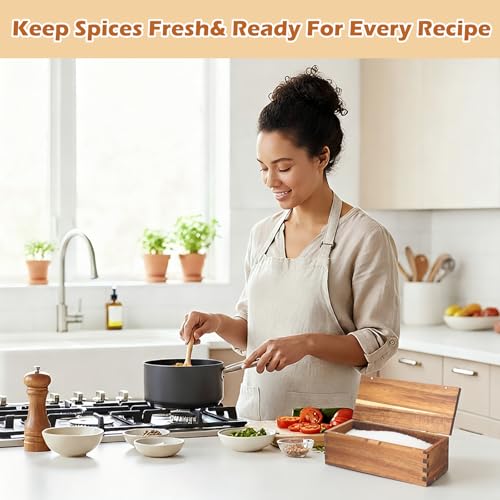 Acacia Wood Salt Cellar Spice Box with Magnetic Lid 29oz Large Capacity Salt Organizer 1 Compartments for Kitchen Countertop, Pepper, Seasonings, Spices, Grilling & Cooking - color: Acacia Wood, style: 1 Compartments