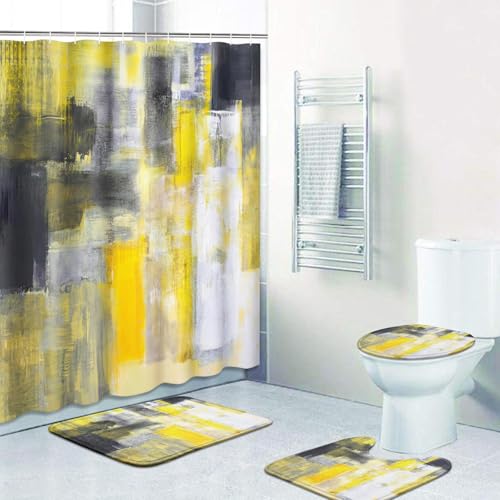 Bathroom Sets with Shower Curtain and Rugs 4 Pcs Yellow Gray | Abstract Modern Bathroom Decor Set with Toilet Lid Cover, Non-Slip Bath Mats and Accessories 12 Hooks - color: Yellow Gray White
