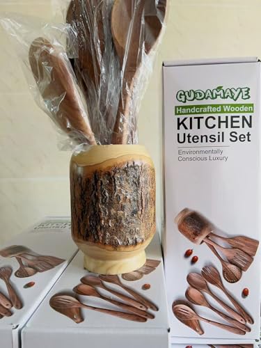 Gudamaye 13 inch Long Wooden Spoons for Cooking,Wooden Utensils for Cooking with Utensils Holder,9 PCES Wooden Kitchen Utensils Set with Utensils Holder and Spoon Rest,Natural Teak Wooden Spoons Set - size: 9 PCS with Holder