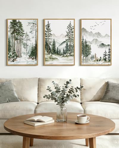 Drsoum Green Tree Forest Framed Wall Art Watercolor Nature Mountain Landscape Prints Morden Wilderness Artwork Bedroom Ready to Hang 16x24in Natural Framed - color: Pine Tree, size: 24L" x 16W", Natural Framed