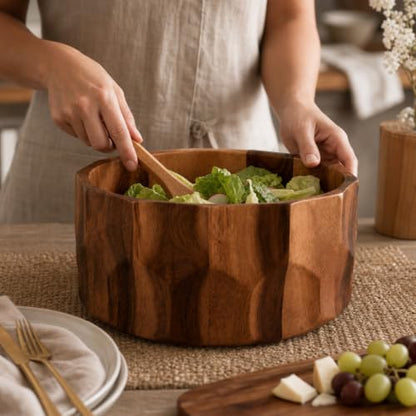 Arthur Court Large Diamond Pattern Acacia Wood Salad Serving Bowl - Modern Centerpiece for Fruits or Salads - 12" Diameter 6" Tall - size: Diamond