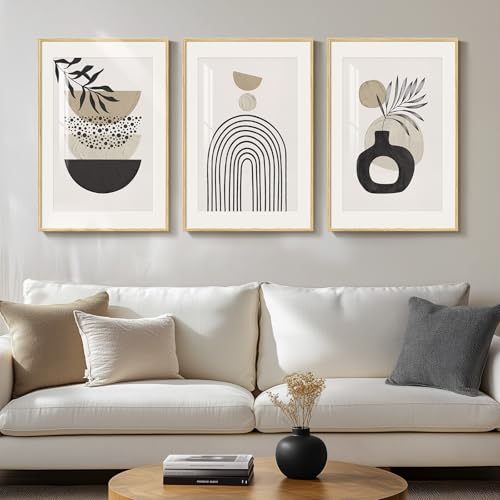Framed Neutral Boho Wall Art Bedroom, 3 Piece Beige Mid Century Modern Paintings Prints Artwork for Walls, Large Bohemian Geometric Pictures for Living Room, Home Office Kitchen Wall Decor, 16x24 Inch - color: Boho-Beige, size: 16" W x 24" H x 3Pcs