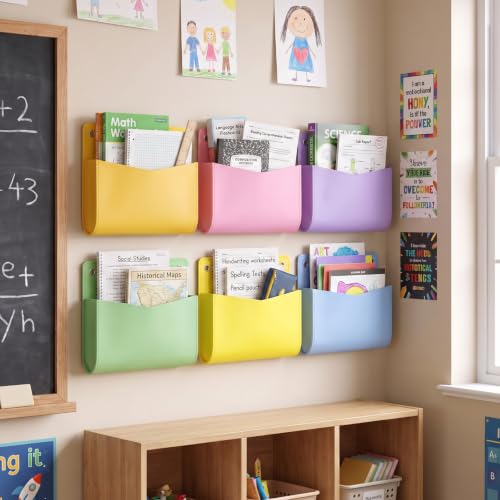 6 Pcs Pastel Color PU Wall File Organizer with Hook 2 Ring | PU Leather File Paper Organizer, Wall File Holder for Storage Letter Postcard Bill Flower Office Home Classroom
