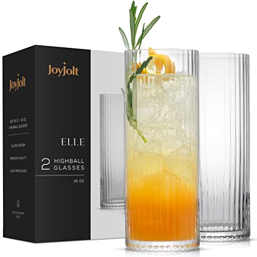 JoyJolt Elle 16oz Fluted Highball Glasses Set of 2, Ribbed Tall Cocktail Tumblers for Gin Juice Water, Vintage Style Drinking Glasses - style: Highball Glasses