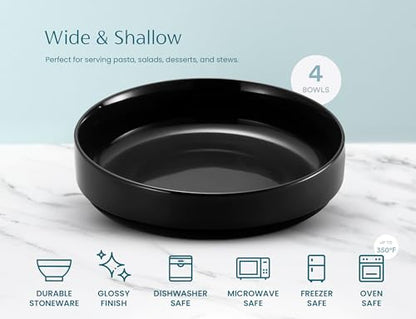 KooK Pasta Bowl, Bowl Plate, Low Bowl, Plate Bowls, Ceramic Large Shallow Bowls, Microwave and Dishwasher Safe, Great for Soups and Salads, Glossy Porcelain, 47 oz, Set of 4, Black - color: Black