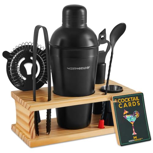Cocktail Shaker Set - 8 Piece Bartender Kit on Quality Pine Stand | Complete Cocktail Kit Gift Set | Top Bartender Gifts for Men | Leak Proof Design (Black) - color: Black / Light Stand, size: 8 Pieces