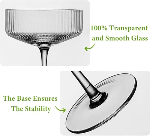 4 Pcs Ribbed Coupe Glasses, 10 oz Large Vintage Martini Glass Set, Unique Margarita Glass, Classic Cocktail Galssware, Ribbed Bar Drinking Glasses Set for Cocktail, Wine, Champagne, Espresso & Gift